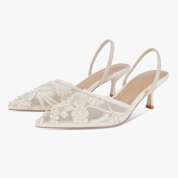 Shoes - Elegant Ivory Slingback Heels with Floral Embroidery